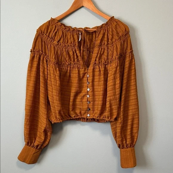 Free People Hailey Cropped Boho Ruffle Festival Blouse Top Large - Picture 2 of 14